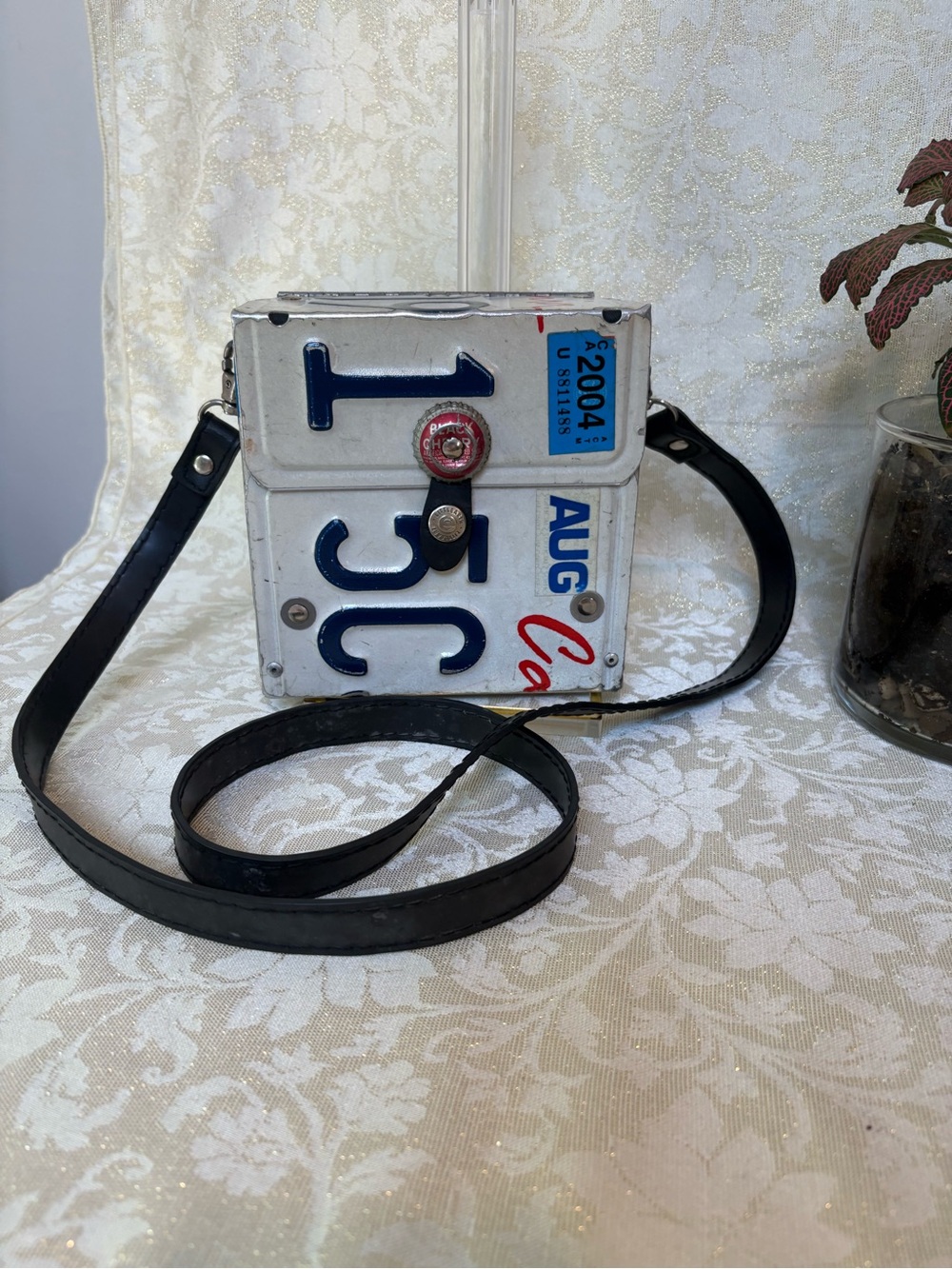 Novelty California License Plate Crossbody Bag in White and Black